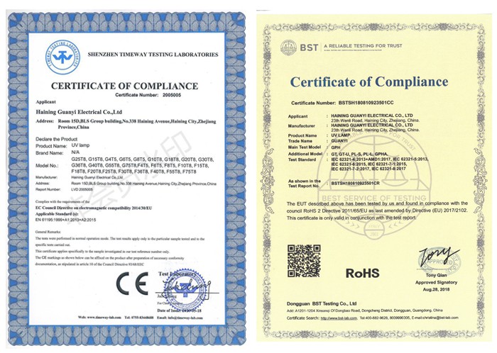 certification of G40T8 UVC light germicidal